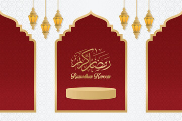 Red White Islamic Calligraphy Template with Lanterns Design with Texture for Website and Greeting card