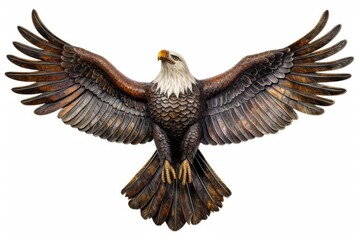 Depict a majestic bald eagle soaring through the sky, its wings outstretched and powerful. Represent freedom, strength, and national pride.