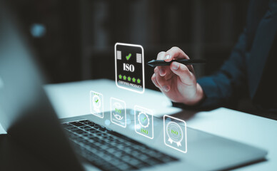 ISO standards quality control, assurance and warranty business technology concept. Touching on screen with ISO and globe icons on smart background. ISO Standard certification. Modern ISO banner.