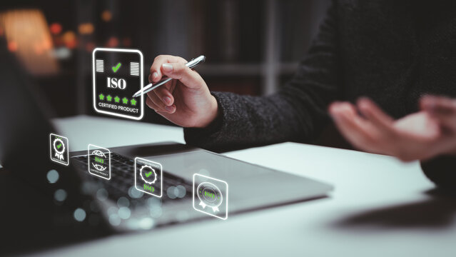 ISO standards quality control, assurance and warranty business technology concept. Touching on screen with ISO and globe icons on smart background. ISO Standard certification. Modern ISO banner.