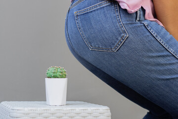 Women's ass sits down on a cactus. Conceptual image of a hemorrhoid and other diseases.