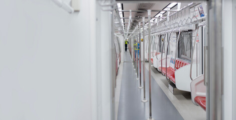 Empty public transportation Bangkok subway train metro car. Inside shot