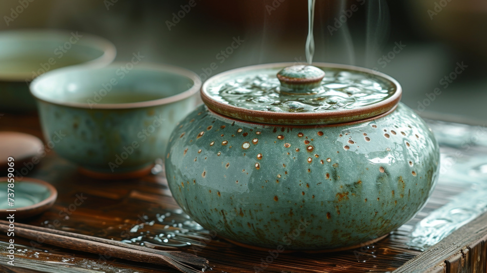 Poster texture of a traditional korean celadon teapot showcasing the smooth jadelike surface and the subtle