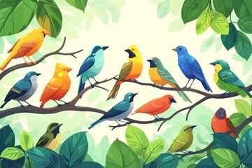 A vibrant scene with diverse birds perched on branches, chirping and communicating with each other
