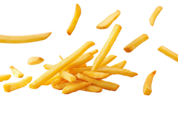 French fries or potato fries with salt taste isolated on background, fast food with high calories, popular appetizer or snack.