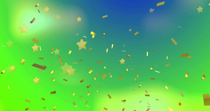 Animation of falling gold confetti and stars over blurred green and blue background