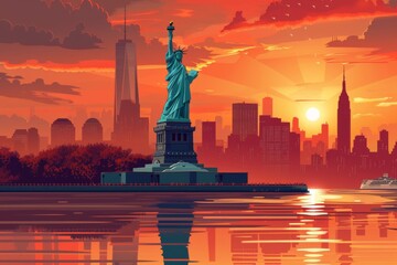 Illustrate the Statue of Liberty bathed in the warm light of the setting sun on Independence Day