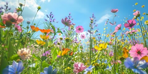 Obraz na płótnie Canvas A sun-kissed meadow frames a vibrant display of blooming wild flowers under a blue sky. Concept Nature's Tapestry, Wildflower Wonderland, Blooming Paradise, Meadow Bliss, Vibrant Summer Scene