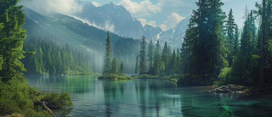 Beautiful landscape view of green summer forest with spruce and pine trees mountain, lake, river....