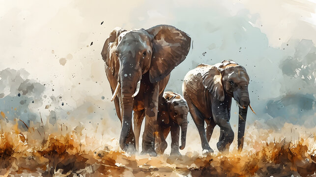 illustration with the drawing of Baby elephants