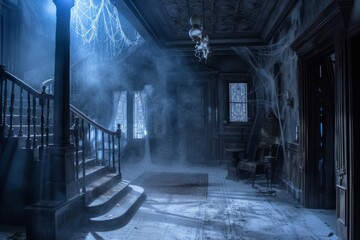 Inside a haunted mansion, dust motes dance in the moonlight filtering through cracked windows
