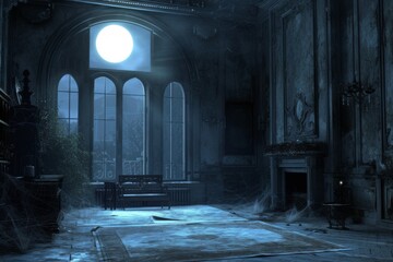 Inside a haunted mansion, dust motes dance in the moonlight filtering through cracked windows
