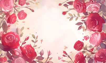 red flower rose frame watercolor background, Generative AI 