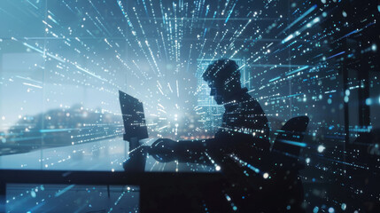 Double exposure of data internet theme hologram with man working on computer on background. Concept of innovation.