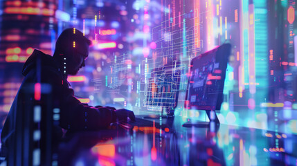 Double exposure of data internet theme hologram with man working on computer on background. Concept of innovation.