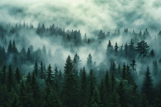 Winters Tale, Foggy Mountain Forest with Pine Trees, A Scene of Natural Beauty and Serenity © Rabbi