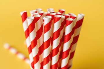 Red and white paper straws in a bunch on a yellow background.