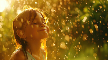 Fototapeta premium Happy child girl playing under the rain. Family have fun time outdoors under summer shower. Kid without umbrella playing with rain. Summer holiday concept.