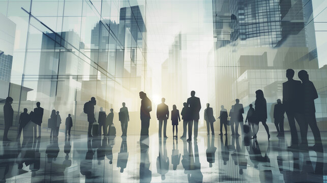 Crowd of blurred busy business office workers employment city people market walking modern building rushing bustle culture work banking economic bank urban concept leadership leader executive CEO