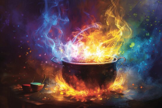 Paint a bubbling cauldron over a roaring fire, filled with colorful potions, strange ingredients, and wisps of swirling smoke
