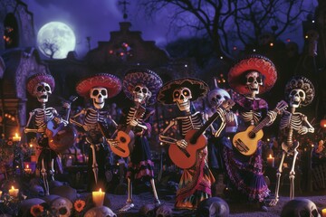 Group of skeletons dressed in vibrant mariachi outfits, playing festive music amidst a moonlit graveyard, celebrating the Day of the Dead - obrazy, fototapety, plakaty