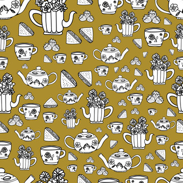 Motif r&eacute;p&eacute;t&eacute; &eacute;l&eacute;ments tea party illustration vectorielle en fond d'or&eacute;	