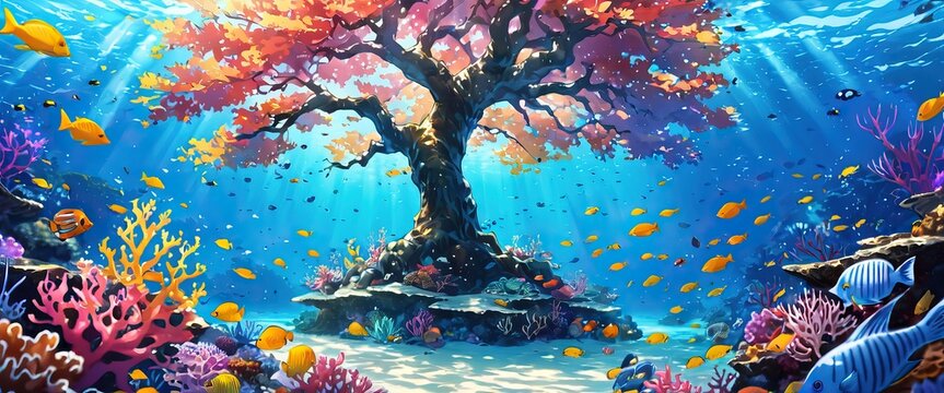 Colorful underwater tree with tropical coral reef, beauty of marine life
