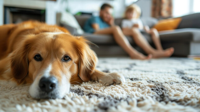 Portrait of cute pet lying on the floor on background of family of four having rest at home.