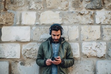 Obraz premium Adult man listening to music on phone in front of textured stone wall.
