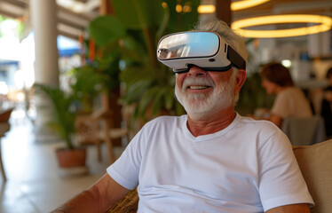 an elderly man with a beard, wearing virtual reality glasses, smiling, sits at a table in a cafe