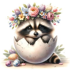Fototapeta na wymiar cute baby raccoon with flower wreath in a cracked egg watercolor illustration