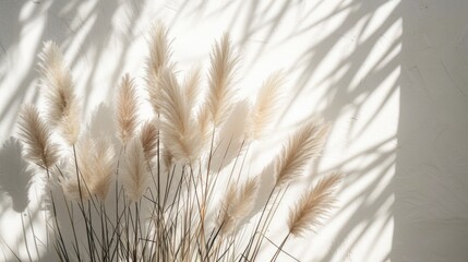 Tranquil Pampas Grass Casting Shadows on a Sunlit Neutral Wall