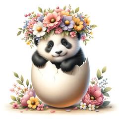 Fototapeta na wymiar cute baby panda with flower wreath in a cracked egg watercolor illustration