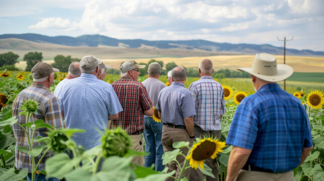 Against a backdrop of rolling hills a group of farmers gathered together to inspect a field of sunflowers. They discussed the ideal time for harvest focusing on delivering