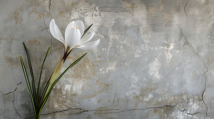 Concrete background with white delicate crocus. Festive birthday, anniversary card.