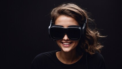 happy woman in VR glasses on a black background
