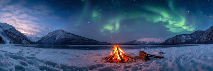 Panoramic banner of fire burning on frozen lake with ice in the mountains