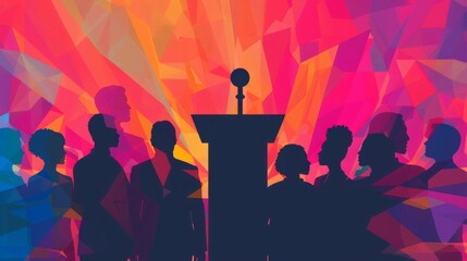 Equal Representation Podium: A silhouette of a podium with diverse individuals standing together, symbolizing equal representation and voices being heard in decision-making processes.

 - obrazy, fototapety, plakaty