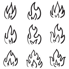 Hand drawn fire icons. Fire Flames Icons Vector Set. Hand Drawn Doodle Sketch Fire, Black and White Drawing. Simple fire symbol.