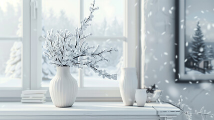 A delicate vase adorns a tall white window, resting on a white wooden table. A framed picture of a snowy landscape serves as the background.