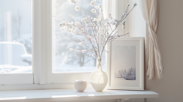 A delicate vase adorns a tall white window, resting on a white wooden table. A framed picture of a snowy landscape serves as the background.