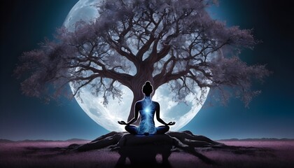 Girl zen figure meditating in the lotus position under a tree in front of a giant moon, blue aura from her body