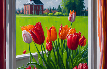 Oil painting,Window with beautiful spring tulips flowers garden in Netherlands.
