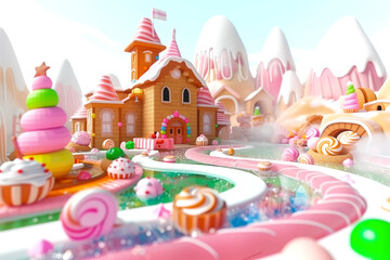Candy land with gingerbread houses, ice cream trees and milk river