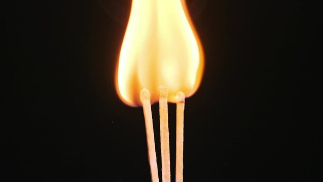 Three matchsticks ignites and burns on a black background close-up, copy space. Igniting match sulfur. Match sticks magically lighting and lit. Fire flame. 4K