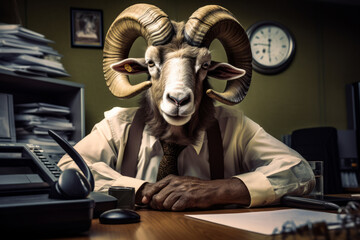 Man wearing goat head sitting at desk with computer. - obrazy, fototapety, plakaty