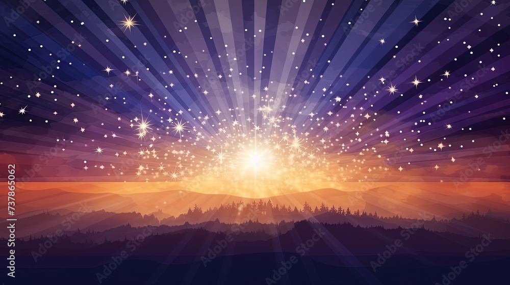 Poster abstract backgound with purple and orange light rays. god rays or light burst with bokeh.