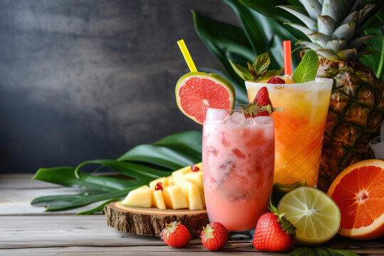 Two freshness orange or grapefruit mocktail garnish flowers with ice cube in glass on tropical background with palm leaves. Summer vacation beverage. Copy space.