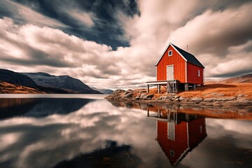 a red house on a hill next to a body of water - obrazy, fototapety, plakaty