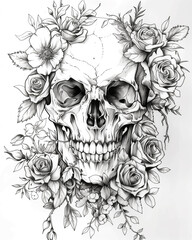 Skull design with flowers. Black and white illustration. Illustration for design of tattoos, stickers, posters, coloring books.